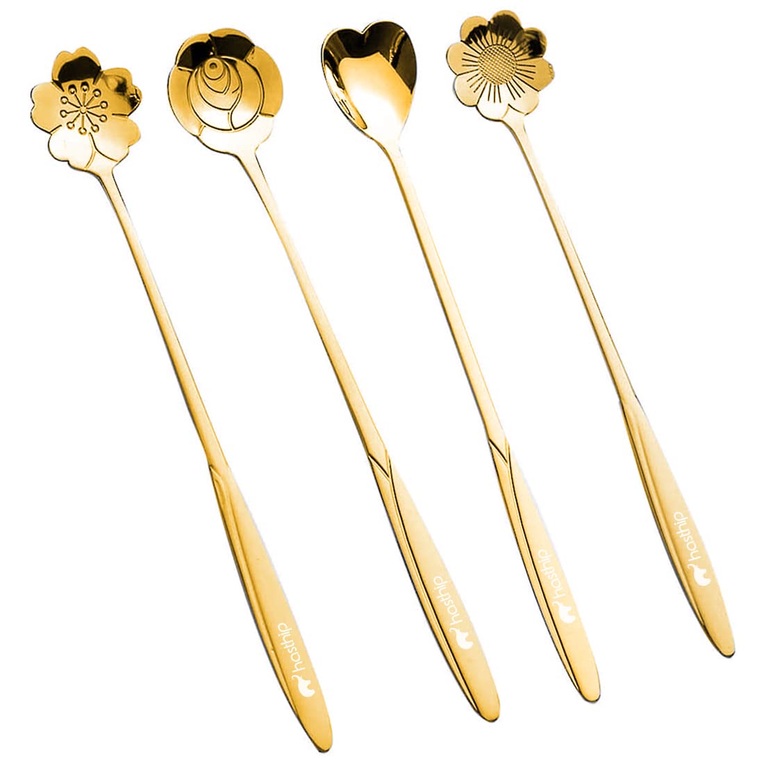 HASTHIP Golden Spoon Set/Coffee Spoon/Dessert Spoon/Cutlery Kitchen Tableware/Stainless Steel Gold Flower Shape Coffee Spoon with Package Bag, 18cm, 4 Pcs Different Coffee Spoon HASTHIP Golden Spoon Set/Coffee Spoon/Dessert Spoon/Cutlery Kitchen Tableware/Stainless Steel Gold Flower Shape Coffee Spoon with Package Bag, 18cm, 4 Pcs Different Coffee Spoon
